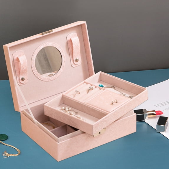 Desktop Jewelry Organizer with Lock and Mirror, Travel Jewelry Case Leather Storage Box with 2-Layer Display for Earrings Bracelets Rings Watches, 9.1"x6.7"x3.3", 1 Pack, Pink
