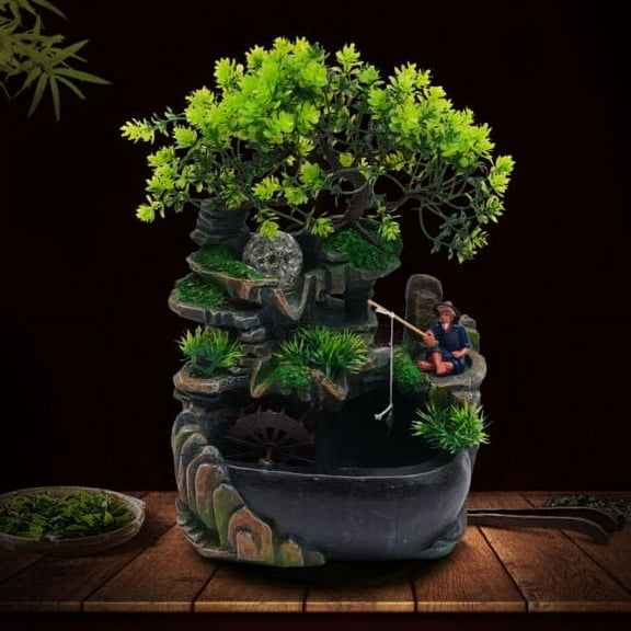 Desktop LED Color Change Lamp Rockery Fountain Waterfall Water Sound Ornament