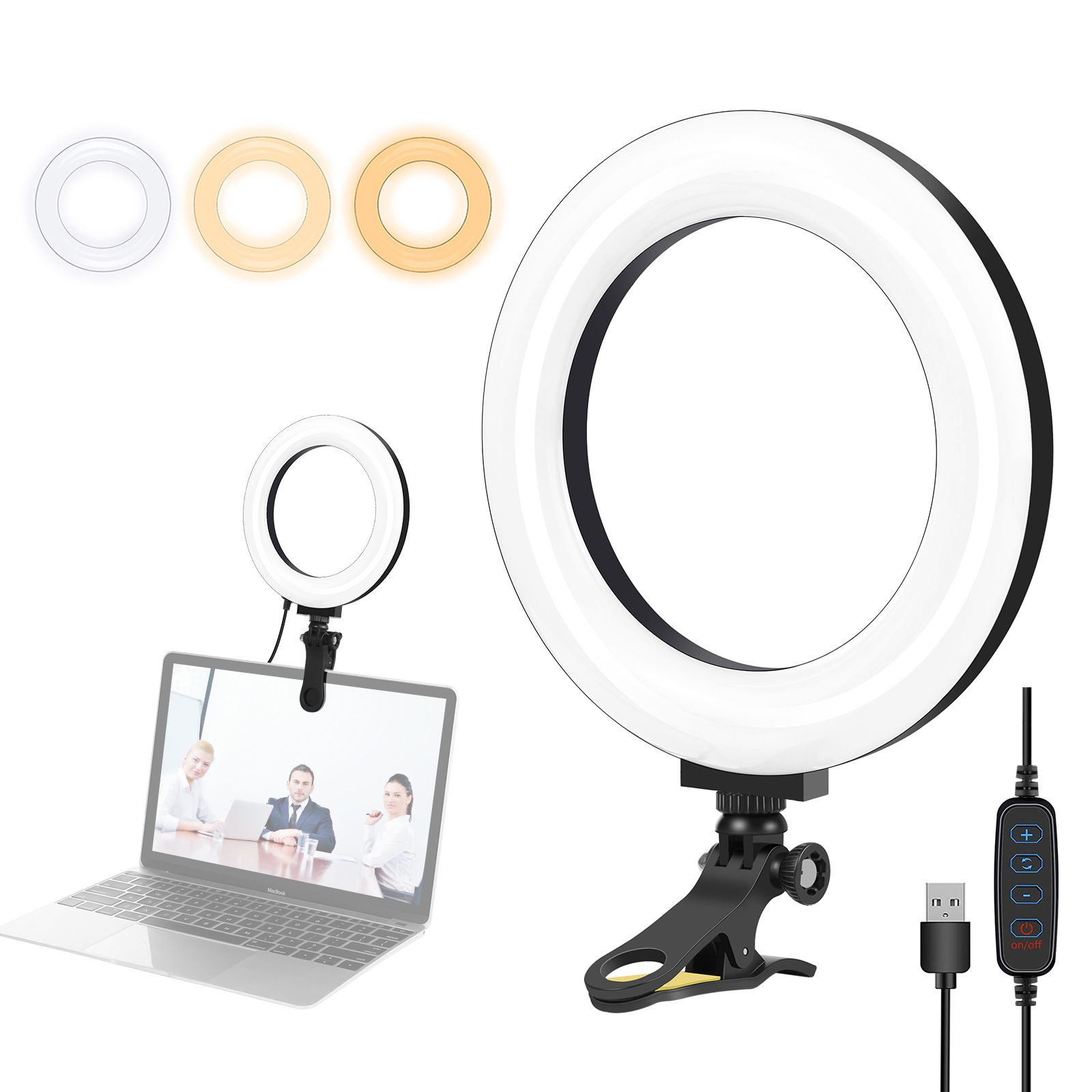 Desktop Live Streaming 3 Modes USB Dimmable Laptop Clamp Ring Selfie ...