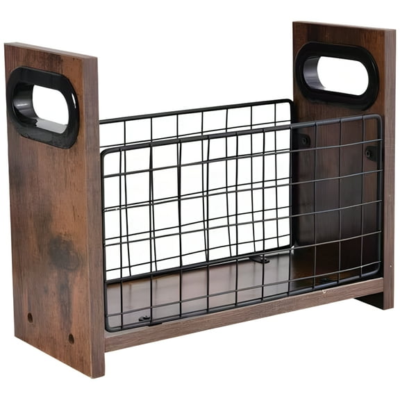 Desktop Magazine Holder, Wood Magazine Rack for Desk with Metal Mesh, Wooden Magazine File Holder with Handles, Desktop Organizer, Office Storage for Files and Magazines