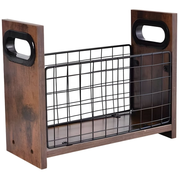 Desktop Magazine Holder, Wooden Rack with Metal Mesh & Handles, 11.4x4.7x9.1 in Compact File Organizer for Office, Home, Fits Magazines, Books, and Folders