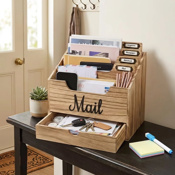 Desktop Mail Organizer with 4 Large Compartments and Drawer, Wood Mail Holder Sorter Organizer Holder,Countertop Desk Office Accessories Organizer for File Letter Paper Folder, Desk Drawer Organizer