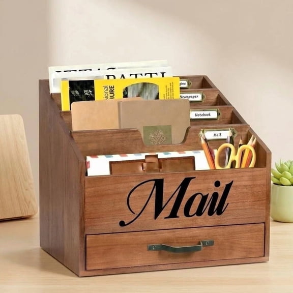 Desktop Mail Organizer With Drawer, Brown Wood Mail Holder Sorter Organizer Holder, Countertop Desk Office Accessories Organizer For File Letter Paper Folder, Desktop Organizer