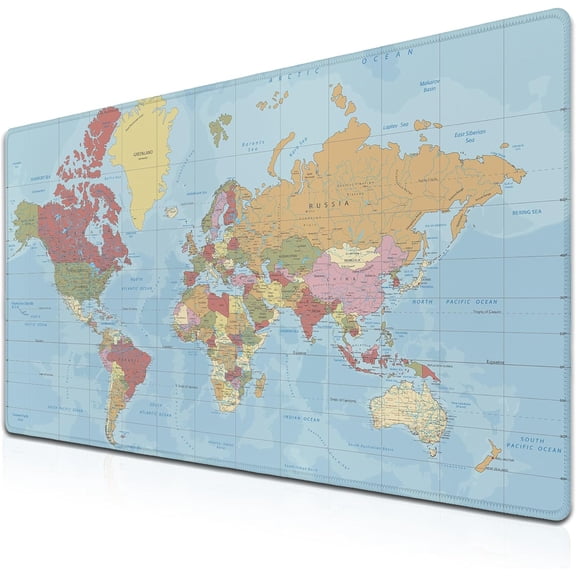 Desktop Mat World Map Full Desk Mouse Pad, Office Gaming Mousepad Large Mousepad, Computer Pad Non-Slip Rubber Base Waterproof with Stitched Edges, 35.4 X 15.7 in for Work/Game/Office/Home