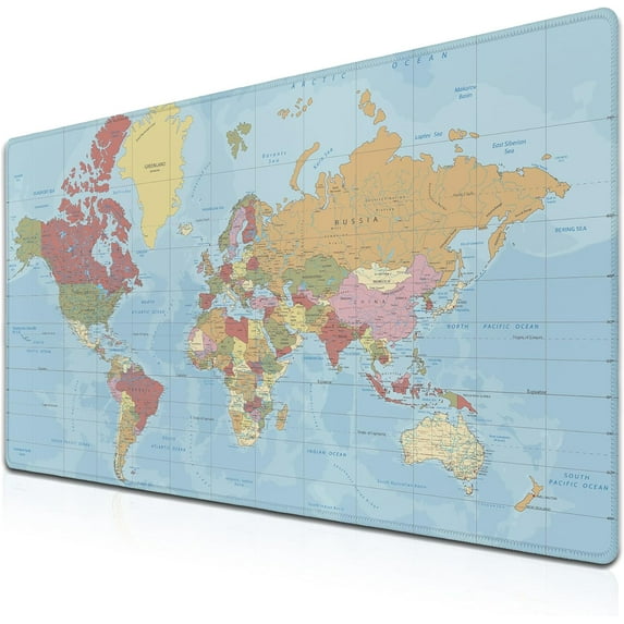 Desktop Mat World Map Full Desk Mouse Pad, Office Gaming Mousepad Large Mousepad, Computer Pad Non-Slip Rubber Base Waterproof with Stitched Edges, 35.4 X 15.7 in for Work/Game/Office/Home