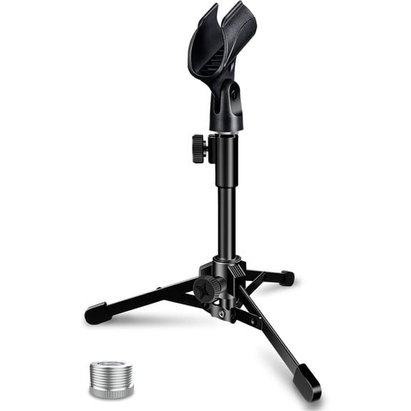 Desktop Mic Stand Portable Foldable Tripod with Mic Clip Holder and 5/8" Male to 3/8" Female Screw Adjustable Microphone Stand.