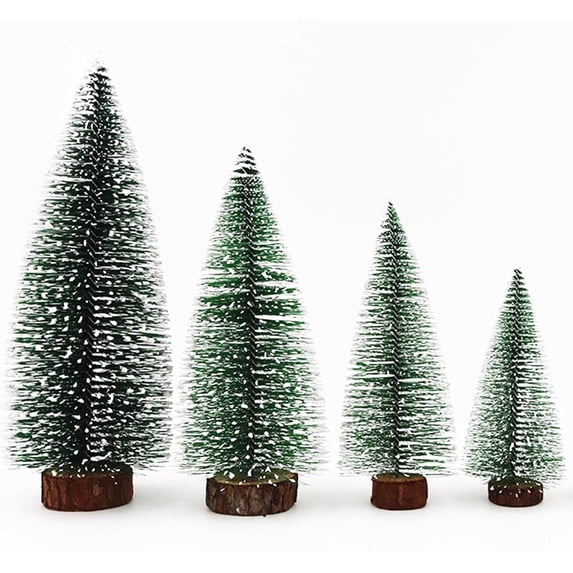 Desktop Mini Christmas Tree Set of 4 - Miniature Pine Trees with Snow Coverage and Wooden Base for Xmas Tabletop Decor