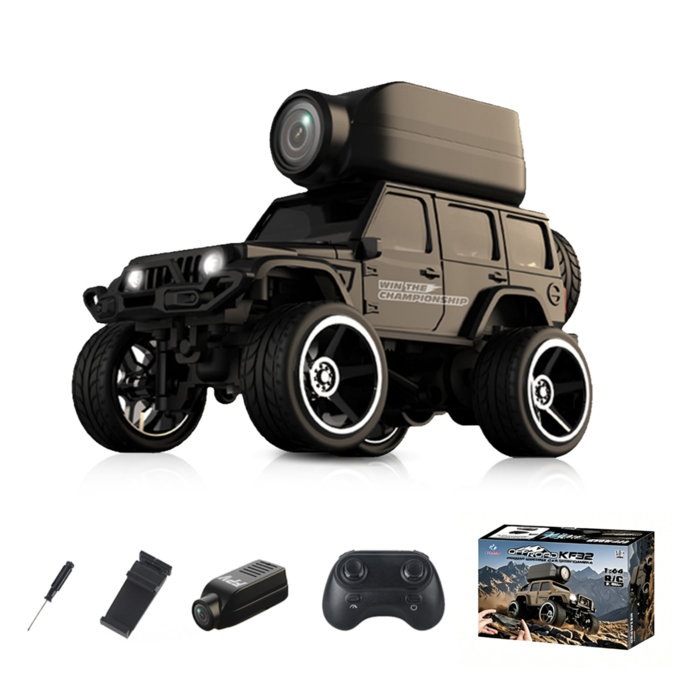 Desktop Mini RC Car with Camera, 1/64 Scale 4WD Crawler Off-Road Vehicle with FPV, 2.4G Remote & APP Control, Alloy Indoor Racing Cars for Adults, KF32-Black