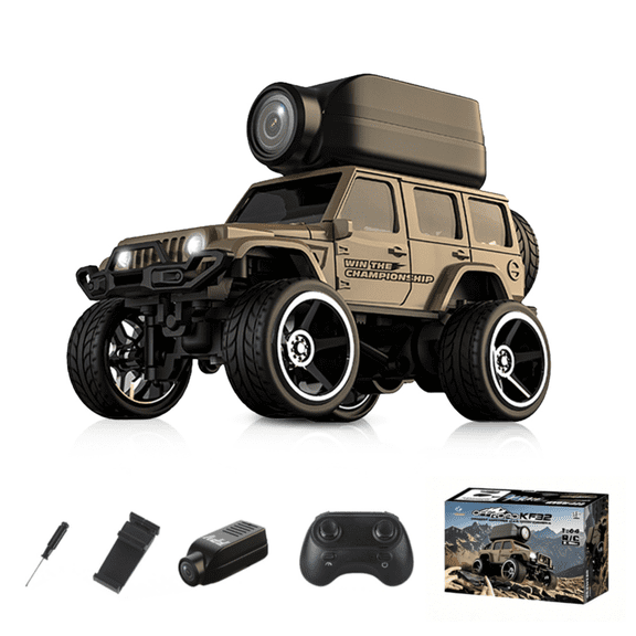 Desktop Mini RC Car with Camera, 1/64 Scale 4WD Crawler Off-Road Vehicle with FPV, 2.4G Remote & APP Control, Alloy Indoor Racing Cars for Adults, KF32-Yellow