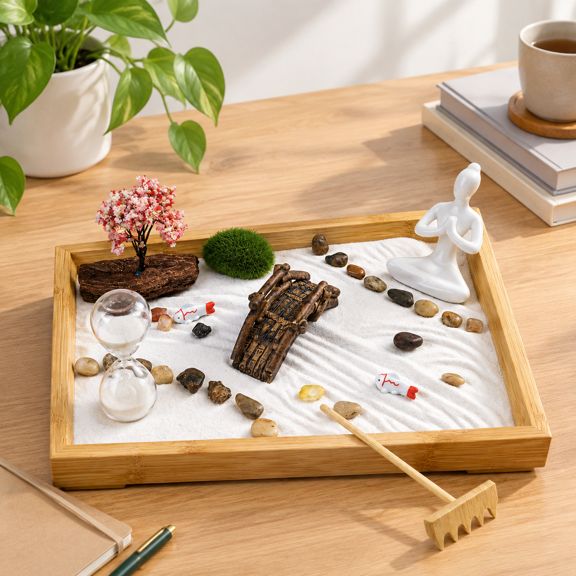 Desktop Mini Zen Garden Life Flows 12.05 x 8.39 Inch with Sand, Tree, Rocks, Rakes for Meditation Decor