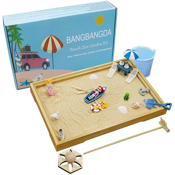 Desktop Miniature Beach Zen Garden Mini Home Office Tabletop Sandbox Bamboo Rakes Stamps Tray Tool Accessories Kit Meditation Relaxation Decor - Stress Relief Therapy Gifts Adult Father Mother
