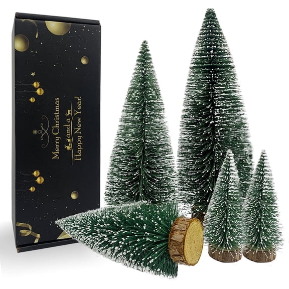 "Desktop Miniature Christmas Trees Mini Pine Tree 5pcs with Snow and Wood Base for Xmas Holiday Party Home Tabletop Decor