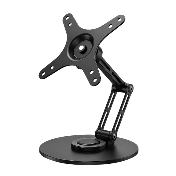 Desktop Monitor Support Stand with Aluminum Construction, Folding Articulated Frame, Round Base, and Flexible Screen Positioning for Workspaces