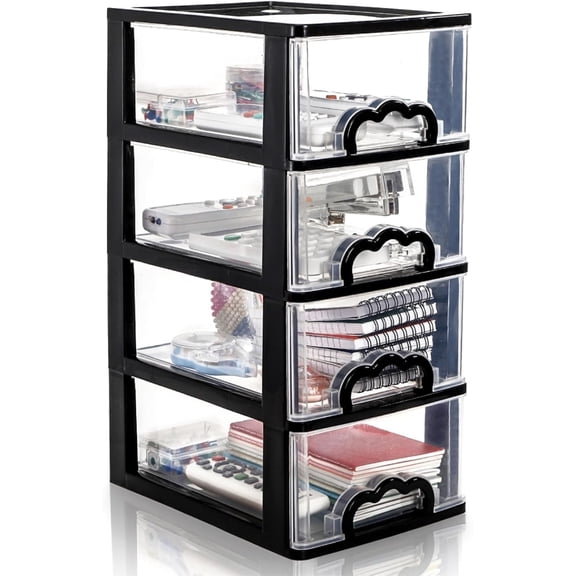 Desktop Organizer with 4 Clear Drawers Small Storage Box Durable Plastic Container for Office Supplies Stationery Makeup Countertop Storage
