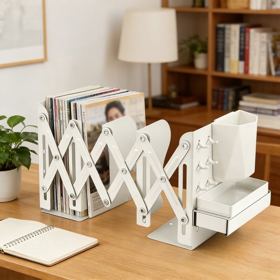 Desktop Organizer Book Stand with Adjustable Storage Box Pen Holders and Hooks, Large Capacity Metal Rack for Books and Office Supplies, Versatile Desk Organization Solution for Home or Workplace