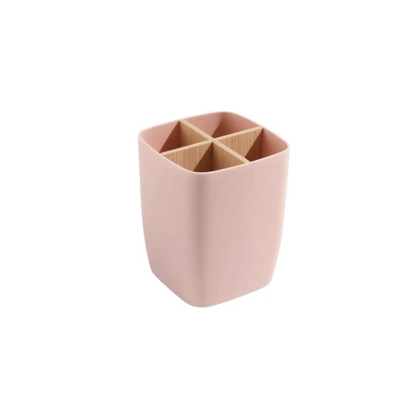 Desktop Organizer Box with 4 Compartments Bamboo Wood Storage Caddy for Cosmetics Remote Controls Office Supplies Tabletop Holder, Pink