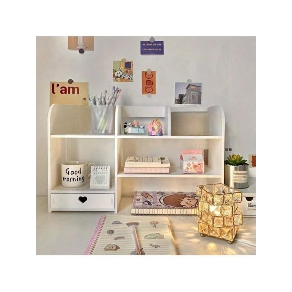 Desktop Organizer and Makeup Cosmetics Holder, Large Capacity 2-Tier Bathroom Vanity Shelf, Double Layer Skincare Storage Rack and Stationery Caddy for Dorm and Office, White