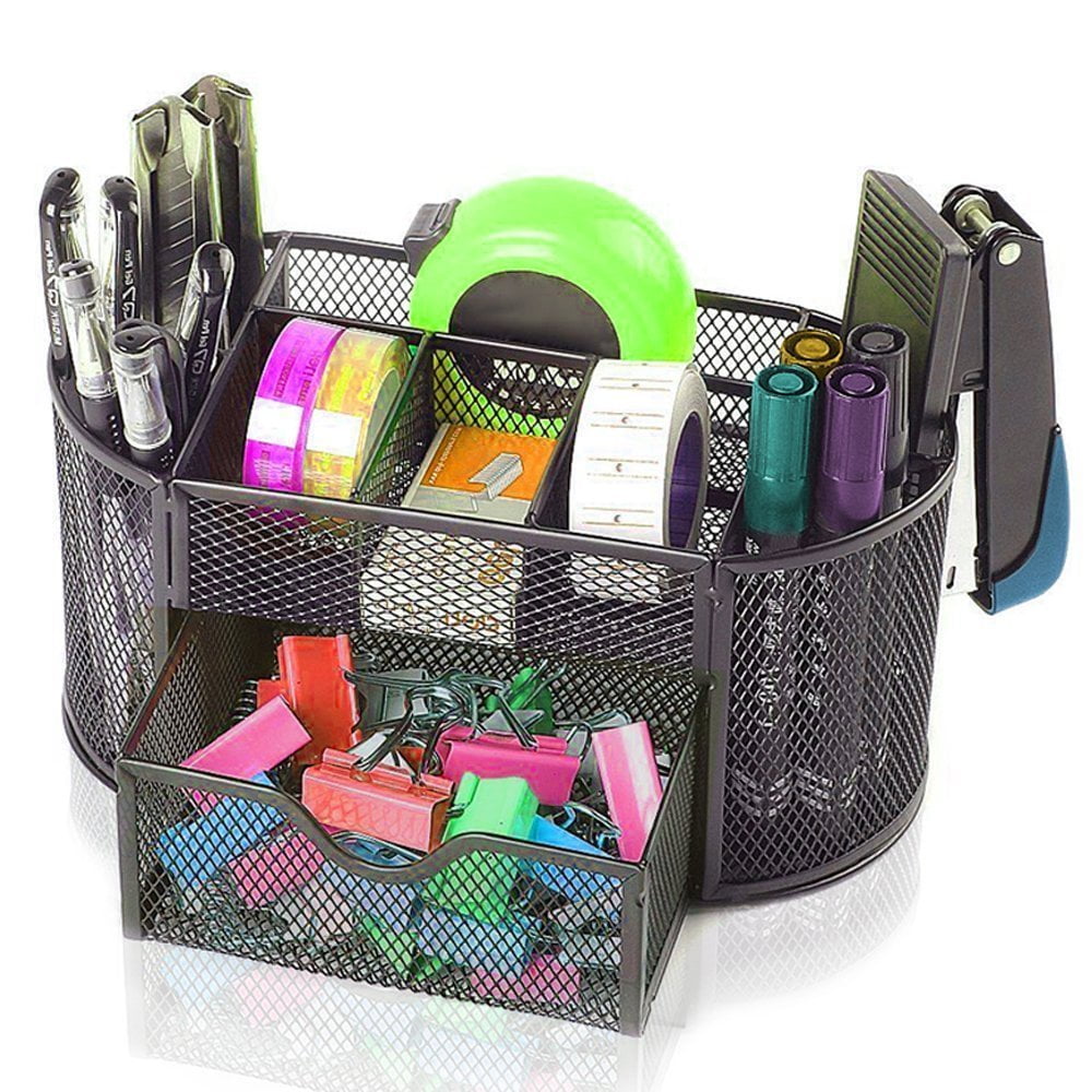 MyGift Metal Wire Mesh Desktop Supplies Organizer Caddy with 8 Compartments  and Storage Drawer for Home Office School Dorm (Purple)