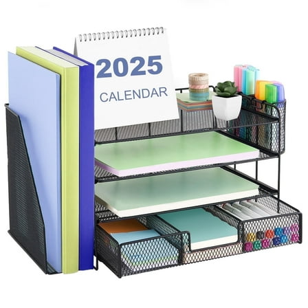 Torio 4-Tier Desk Organizer Black with Drawer, File Holder & Pen Cups
