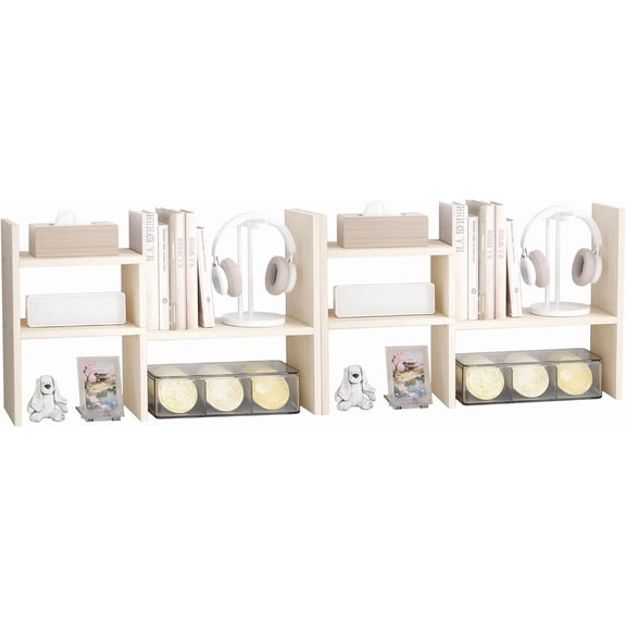 Desktop Organizer Office Storage Rack Adjustable Wood Display Shelf Birthday Gifts Toy Home Decor Free Style Rotation Display True Natural Stand Shelf (White Wood Tone/2 Pack)