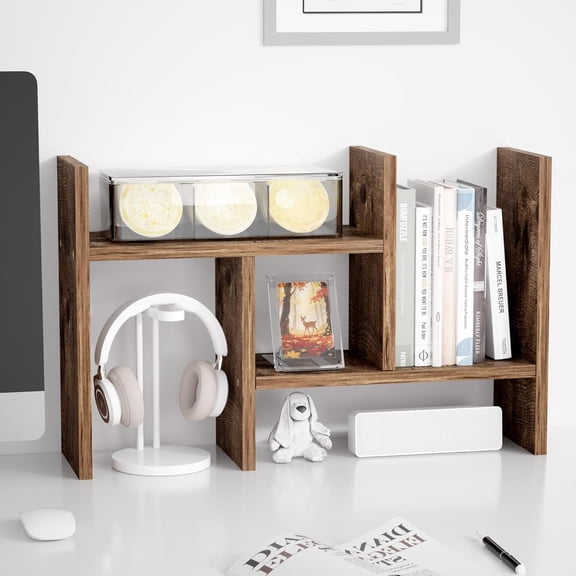 Desktop Organizer Office Storage Rack Adjustable Wood Display Shelf Free Style Double H, Multi-Functional Mini Bookshelf for Desk Natural Stand (Natural Tone)