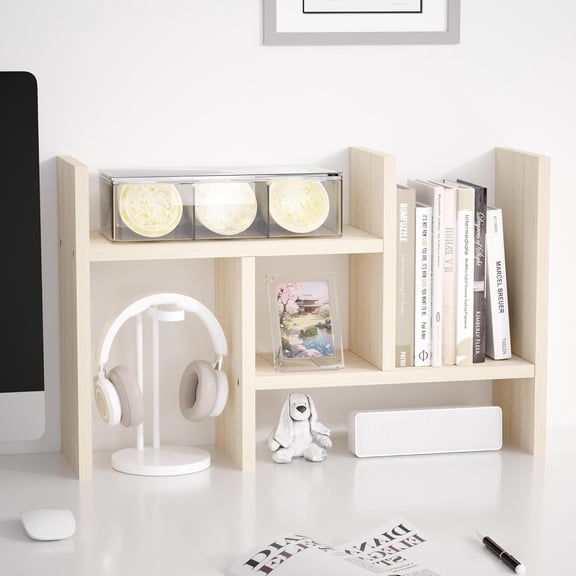 Desktop Organizer Office Storage Rack Adjustable Wood Display Shelf Free Style Double H, Multi-Functional Mini Bookshelf for Desk Natural Stand (White Wood Tone)