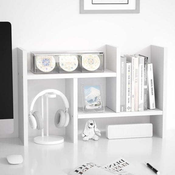 Desktop Organizer Office Storage Rack Adjustable Wood Display Shelf Free Style Double H, Multi-Functional Mini Bookshelf for Desk Natural Stand (White)