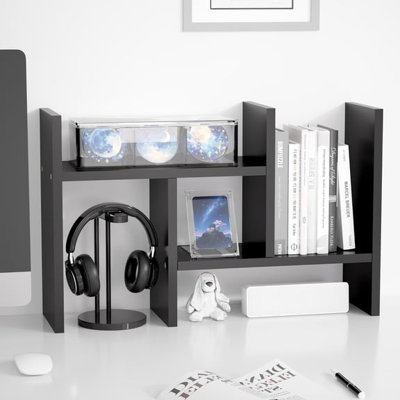Desktop Organizer Office Storage Rack Adjustable Wood Display Shelf Free Style Double H, Multi-Functional Mini Bookshelf for Desk Natural Stand