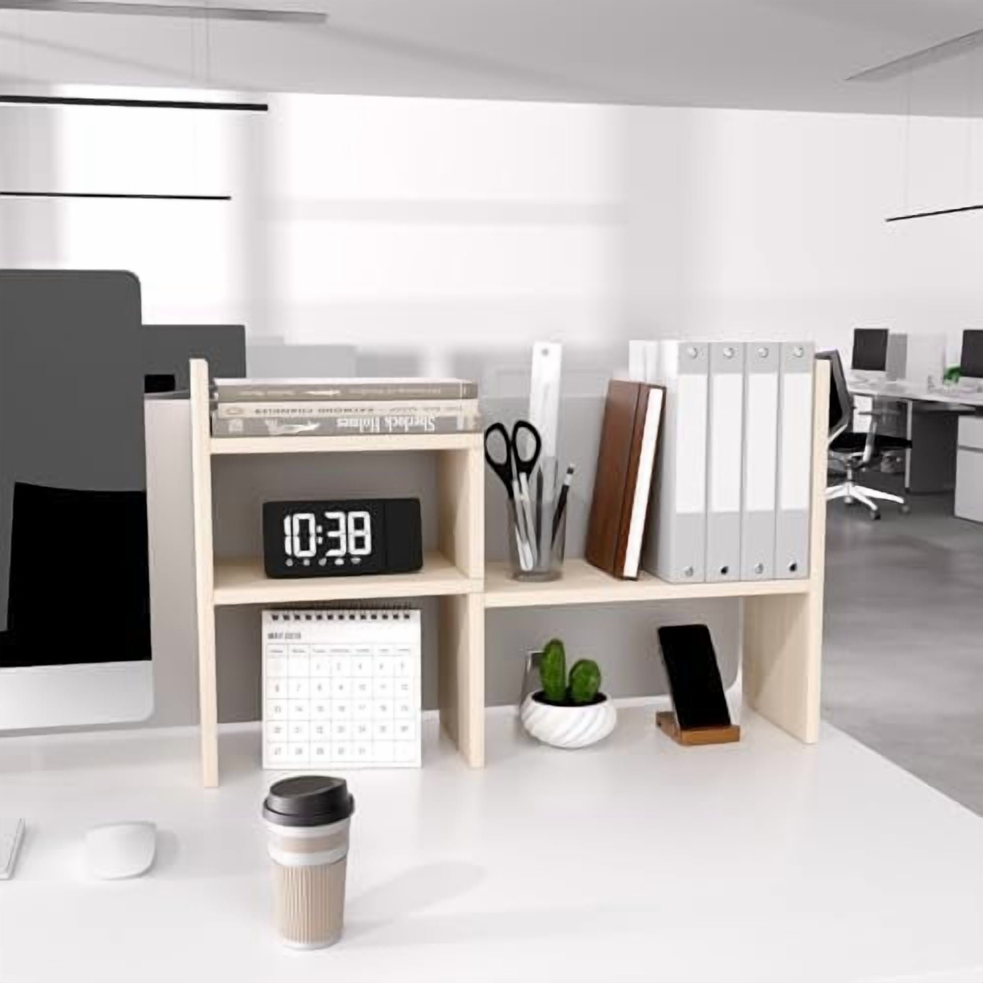 Desktop Organizer Office Storage Rack Adjustable Wood Display Shelf, White, 5 Units, 16"L x 15.8"H x 6.8"W