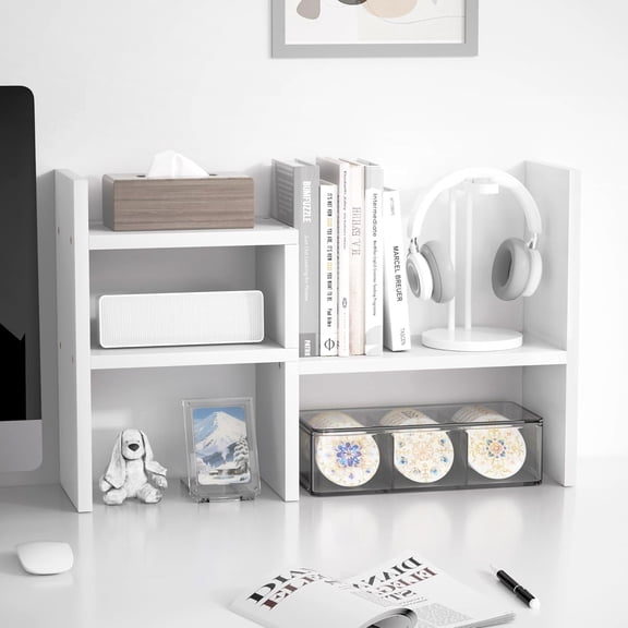 Desktop Organizer Office Storage Rack Adjustable Wood Display Shelf, White, 5 Units, 16"L x 15.8"H x 6.8"W