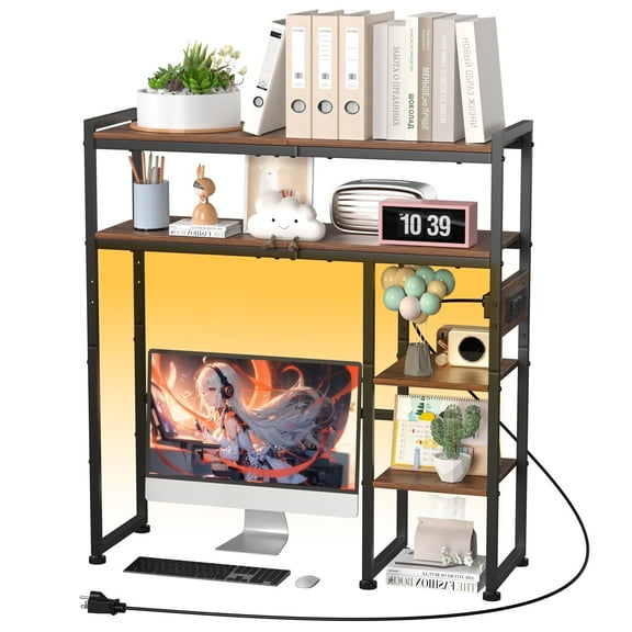 Desktop Organizer Shelf, 30" Wooden Office Storage Rack with Outlets, Display Shelf Rack with Light Strip, 5 Tier Desktop Display Rac, Desk Shelf, Desk Hutch for Computer Monitor, Black