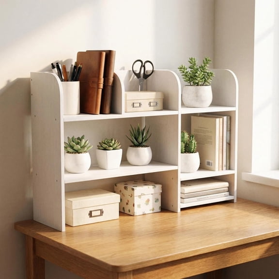 Desktop Organizer with 5 Compartments and Drawer, White Tabletop Shelf for Crafts, Makeup
