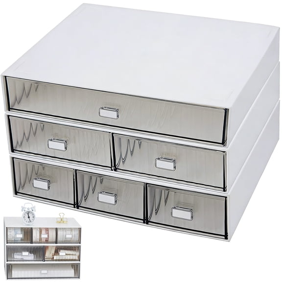 Desk Drawer Organizer Set of 3, Plastic Stackable Storage Boxes, White Stripe Desktop Organizers with Clear Front Drawers, Makeup Cosmetic Office Supply Containers