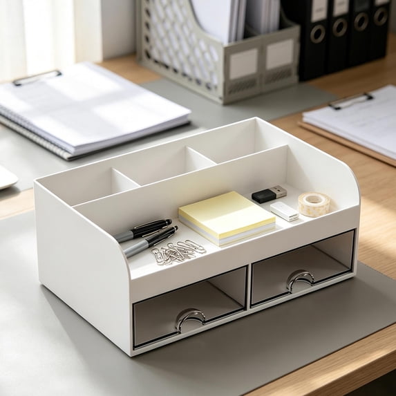 Desktop Organizer with Drawers, Clear Plastic Storage Box for Office Stationery, Multi-Compartment Desk Clutter Tray for Home, Office, and Vanity