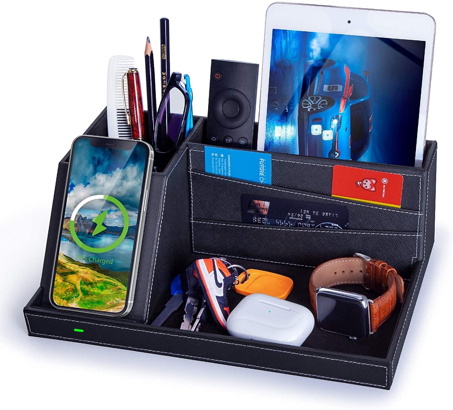 Miroddi Desk Organizer with Wireless Charging for iPhone, PU Leather Valet Catchall Tray with Pencil Holder for Desk & Nightstand Organizer Home Office, 1 Pack