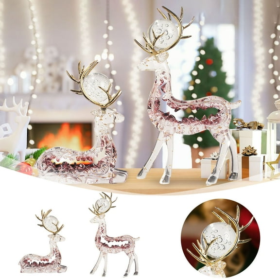 2 Pcs Christmas Reindeer Figurines Clear Resin Deer Statues for Home Living Room TV Cabinet Holiday Decoration Family