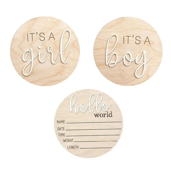 Desktop Ornament 3PCS Announcement Sign Its A Boy Its A Girl Hello World Wooden Round Gender Reveal Nursery Birth Baby Name Props Keepsakes