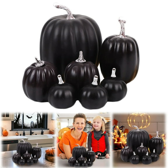 Desktop Ornament,7 Pcs Assorted Artificial Black Pumpkins Halloween Rustic Decorative Pumpkins For Fall Halloween Thanksgiving Tabletop Centerpiece Mantel Kitchen Decor
