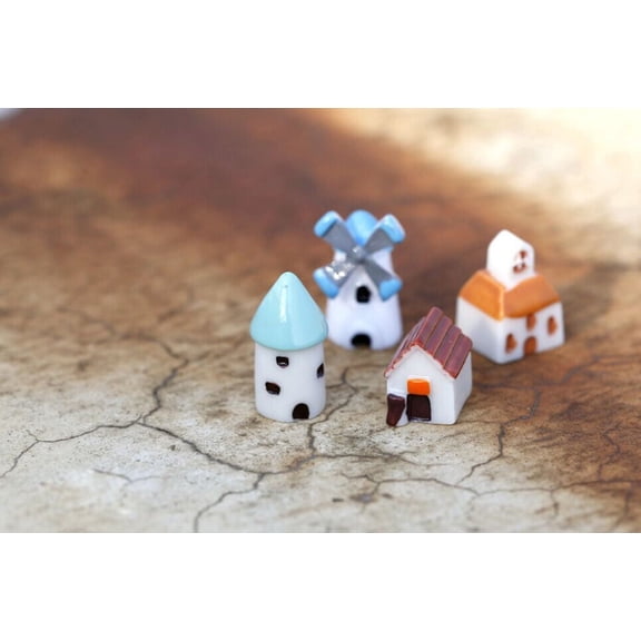 Desktop Ornament Craft Cabin Windmill Barn Resin Home – 4 Desktop Piece for Cozy Rooms, 1-2 cm, White