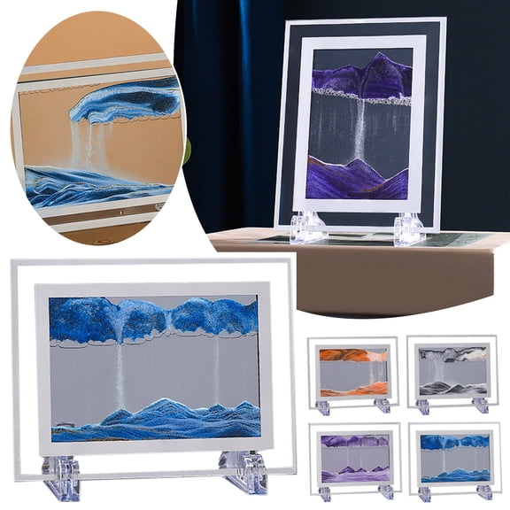 Desktop Ornament Display 3D Colorful Moving Sand Frame Sandscape Flowing Sand Painting for Desk Décor, 13x18 cm, Blue