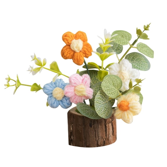 Desktop Ornament Handmade Knitted Potted Crochet Flower Bouquet for Home Desk Decoration Idea