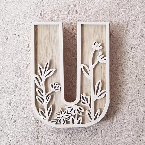 Desktop Ornament for Home and Craft 5 Inch Wooden Letters with Flower Theme for Wall Art Children's Room Weddings Name Signs and DIY Projects, 12.5 cm, Color U