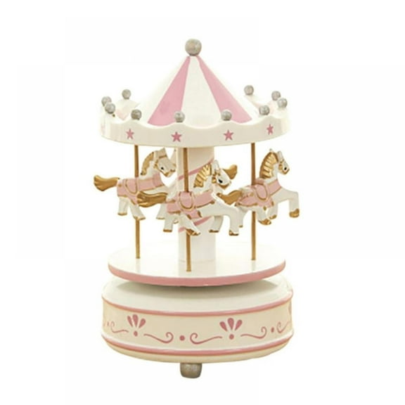 Carousel Music Box Decorative Piece with Flowers and Plants In Pink - Merry Go Round Music Box Small Musical Box with 4 Horses Classic Decor for Valentine'S Day
