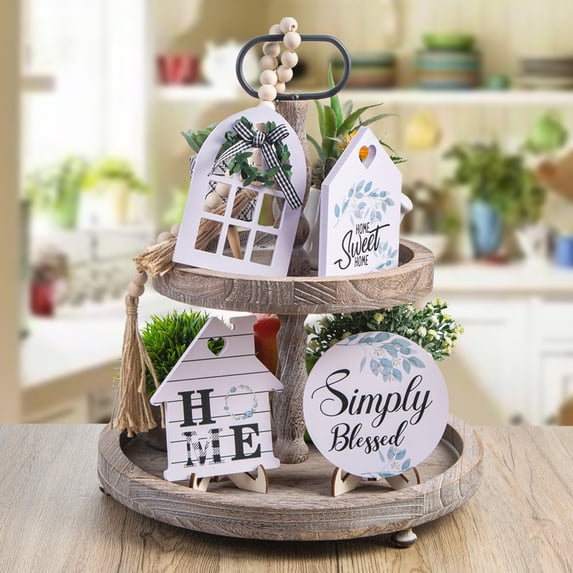 Desktop Ornaments,Farmhouse Wood Two Tray with Round Handle,2-Tier Presentation Serving Tray Home Decor