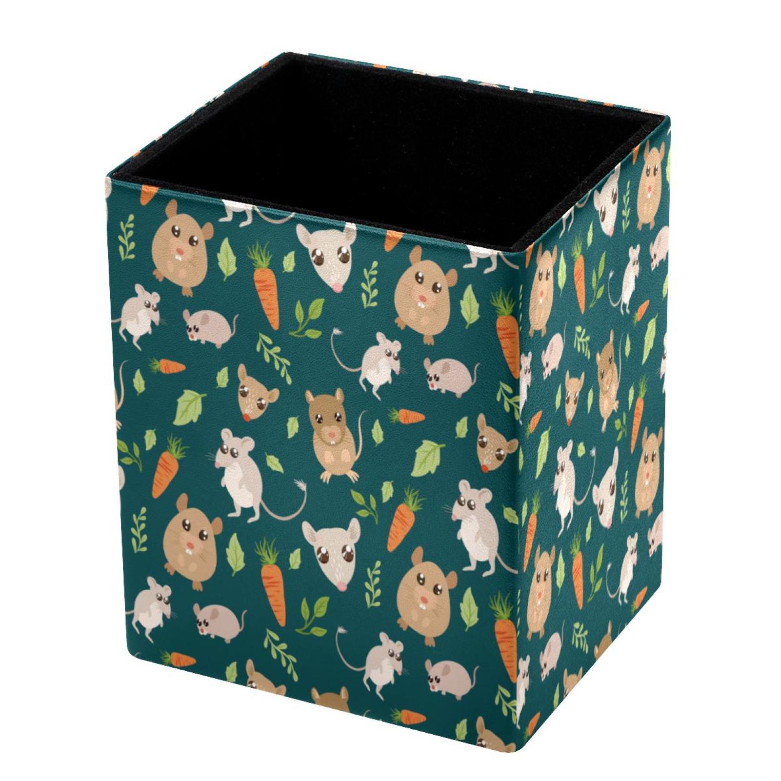 Desktop Pen Holder Bag, Hamster Mice Carrot Leaves Dark Green Leather