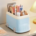 thumbnail image 1 of Desktop Pen Holder Organizer Plastic Bus Shape | Large Capacity Multi-Compartment Desk Caddy | Pink or Blue | 19x12x11cm | Office Storage, Makeup, Accessories, 1 of 6