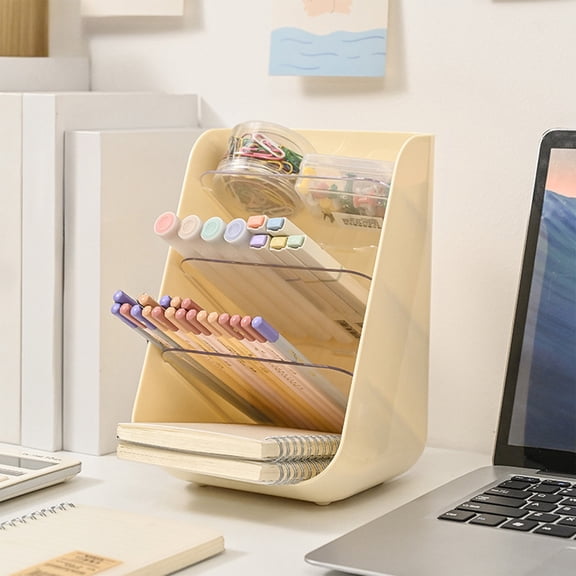 Desktop Pen Organizer Inclined Slant Plastic Storage Box | Clear Beige 15x14x22cm | Multi-Compartment Office Stationery Holder • Modern Design • Durable Easy-Clean Shelf • Versatile Desk Accessories