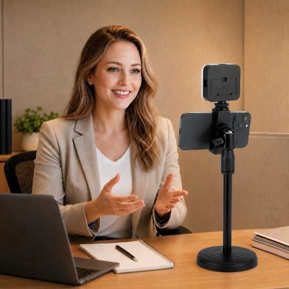 Desktop Phone Stand with Mini Fill Light, Height Adjustable Tabletop Cell Phone Holder, 360 Rotatable Ball Head for Video Recording Live Streaming Vlog Shooting
