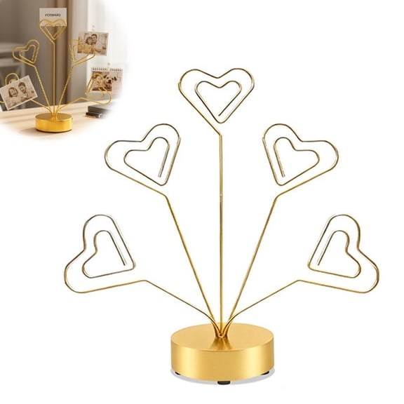 Desktop Photo Tree Holder with 5 Heart-Shaped Clips, Metal Money and Gift Card Display Stand, Memo Note Picture Frame for Wedding Table Numbers and Office
