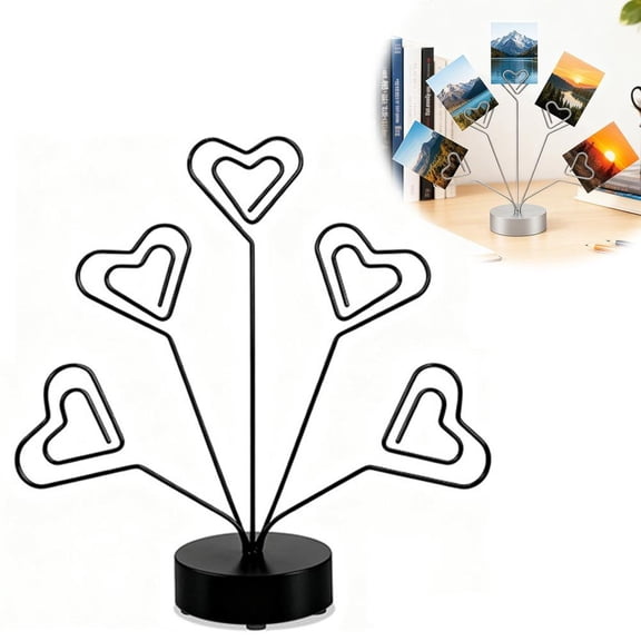 Desktop Photo Tree Holder with 5 Heart-Shaped Clips, Metal Money and Gift Card Display Stand, Memo Note Picture Frame for Wedding Table Numbers and Office